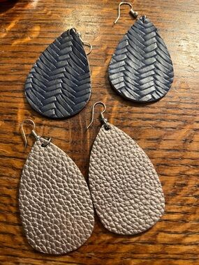 Women’s Teardrop Leather Earrings - Navy and Metallic Taupe